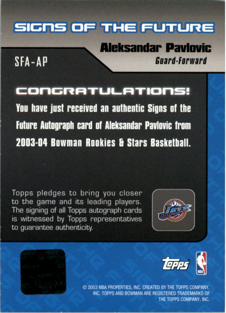 2003-04 Bowman Signs of the Future #AP Aleksandar Pavlovic back image