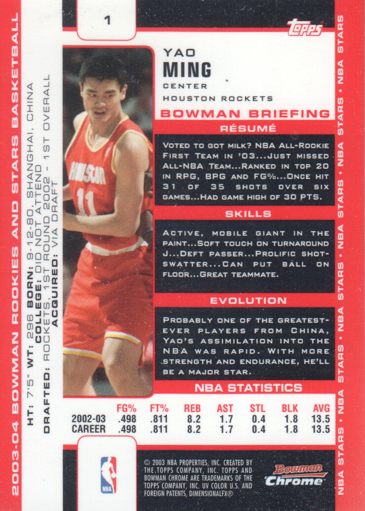 2003-04 Bowman Chrome #1 Yao Ming back image