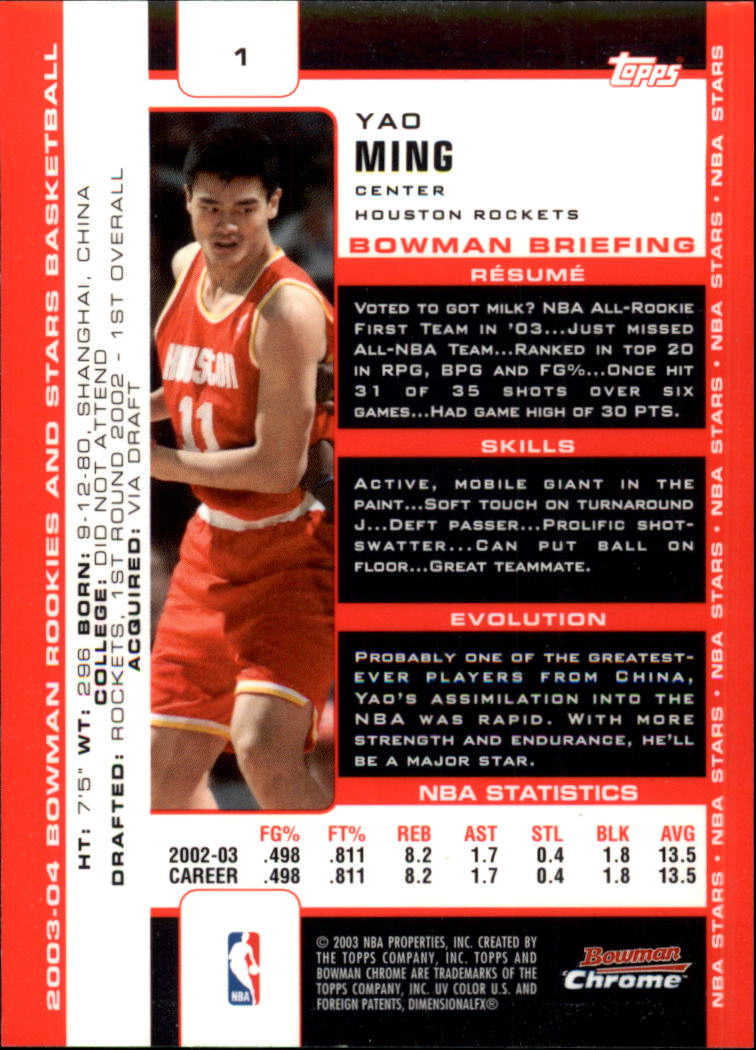 2003-04 Bowman Chrome #1 Yao Ming back image