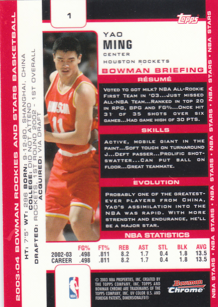 2003-04 Bowman Chrome #1 Yao Ming back image