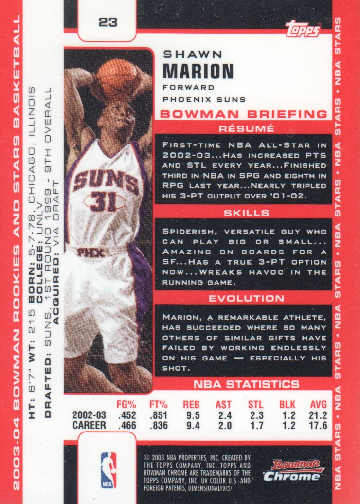 2003-04 Bowman Chrome #23 Shawn Marion back image