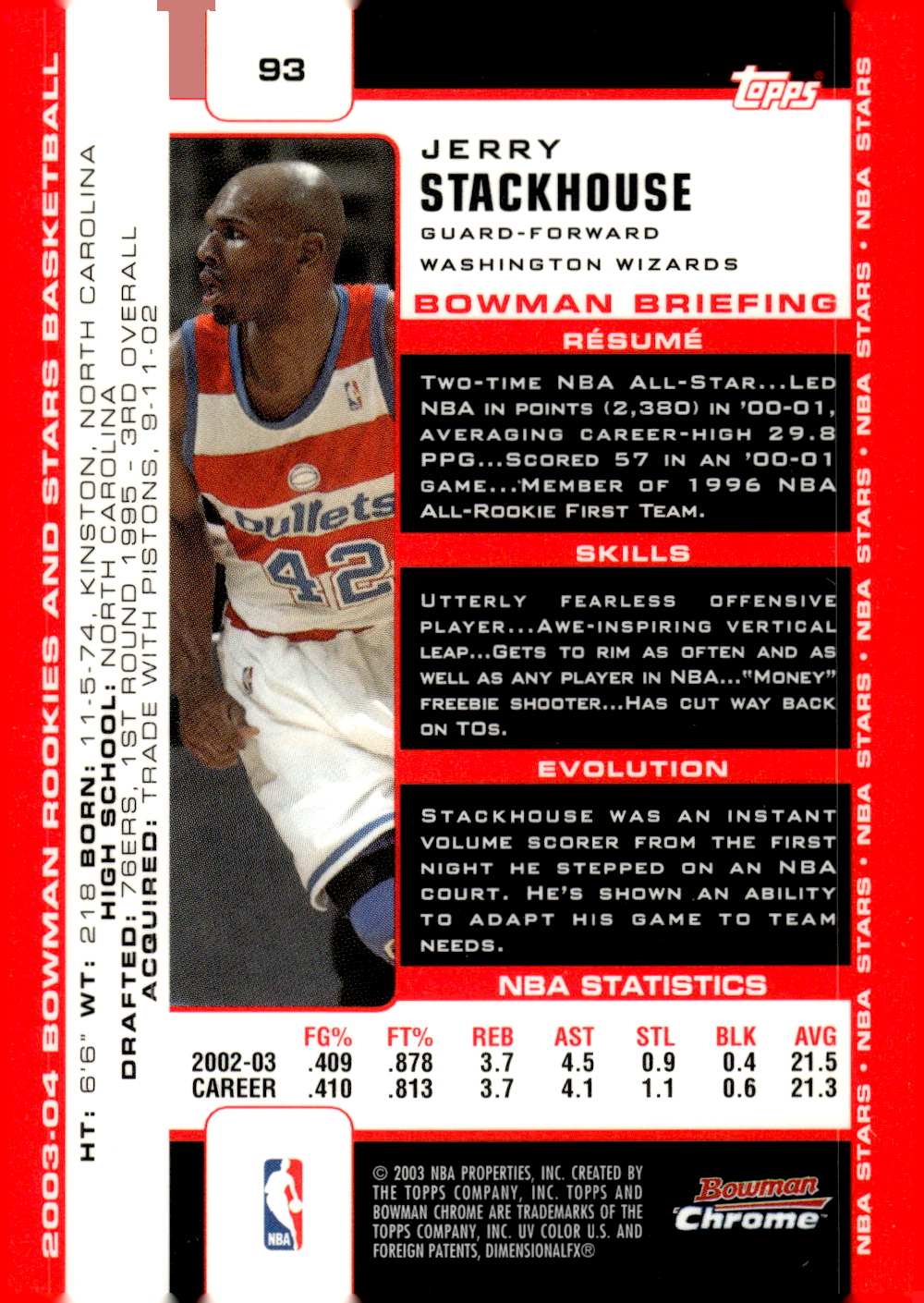 2003-04 Bowman Chrome #93 Jerry Stackhouse back image