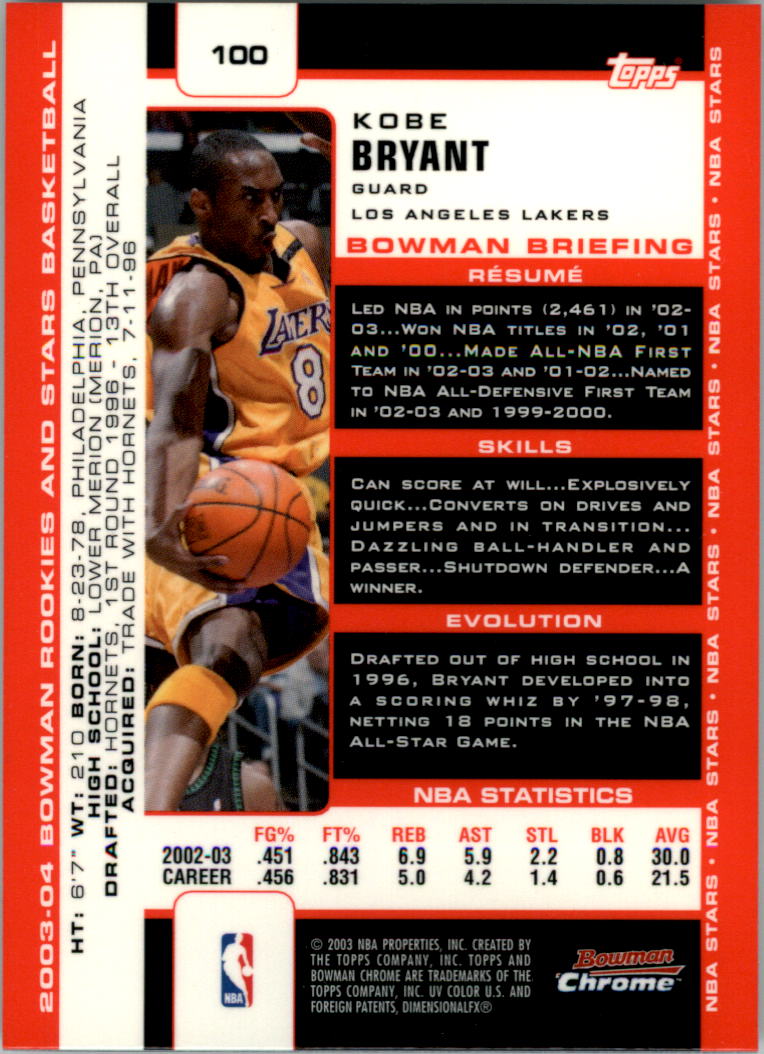 2003-04 Bowman Chrome #100 Kobe Bryant back image