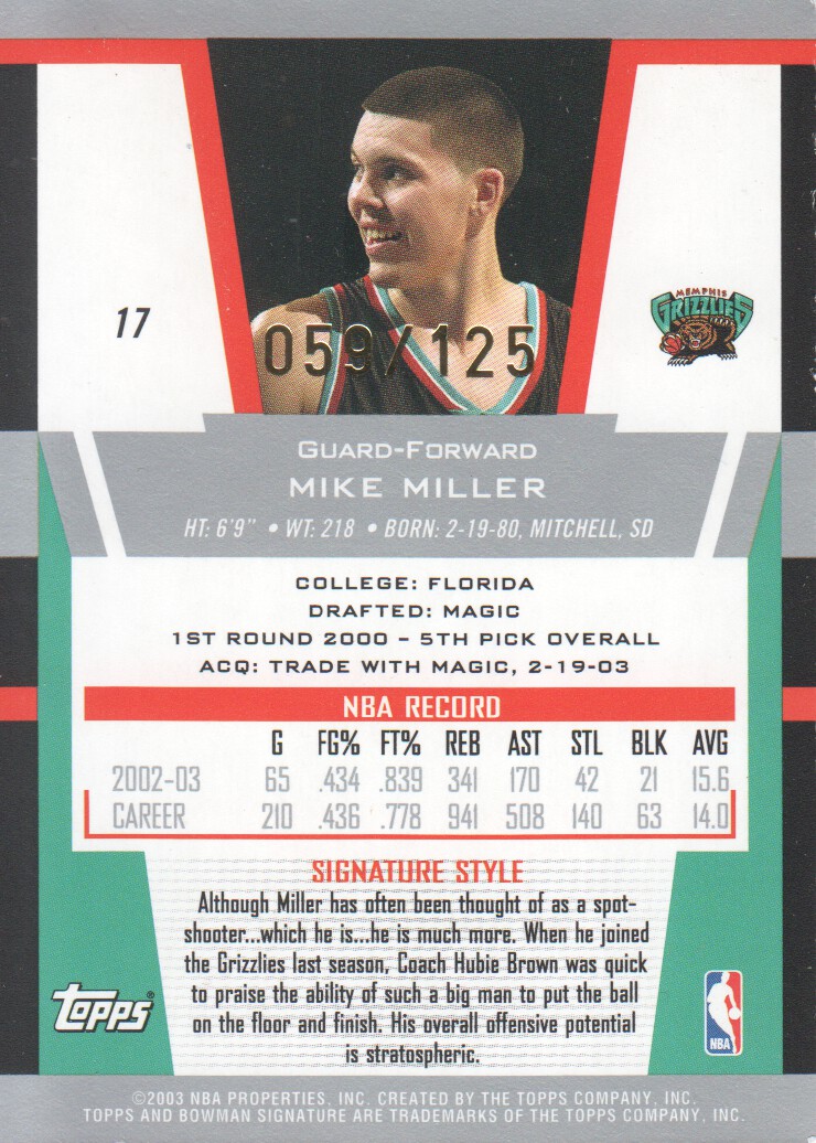 2003-04 Bowman Signature Edition Foil #17 Mike Miller back image