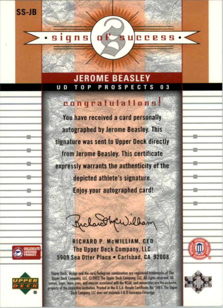 2003-04 UD Top Prospects Signs of Success #SSJB Jerome Beasley back image