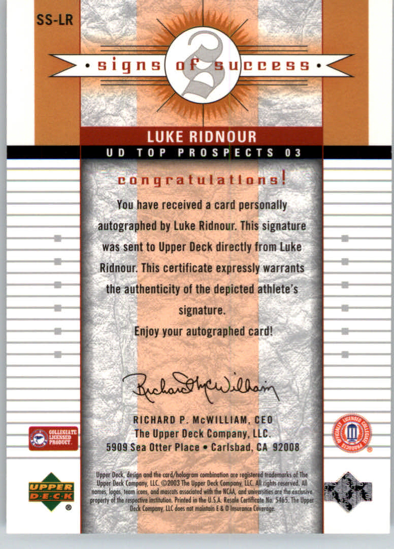 2003-04 UD Top Prospects Signs of Success #SSLR Luke Ridnour back image