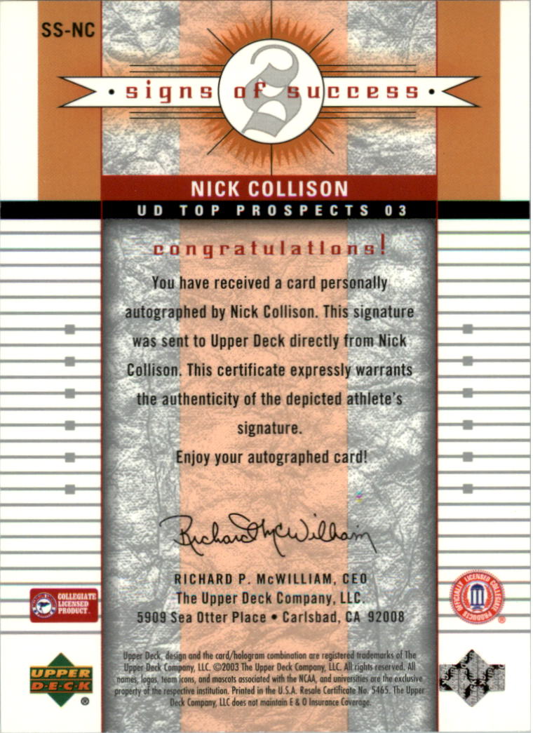 2003-04 UD Top Prospects Signs of Success #SSNC Nick Collison back image