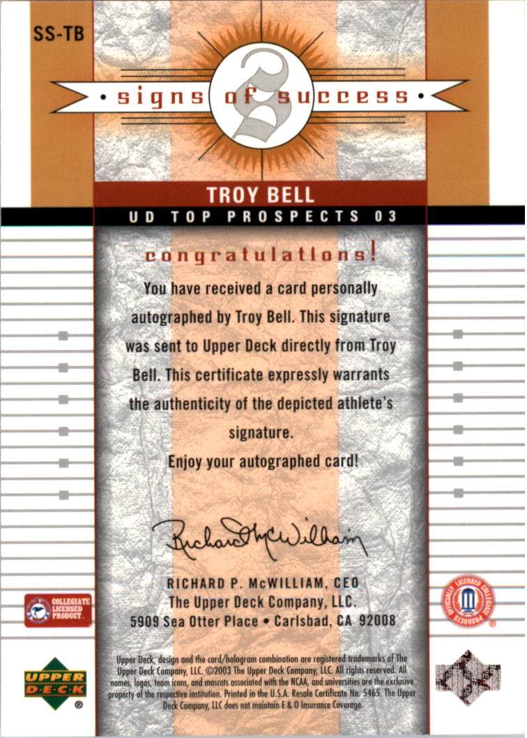2003-04 UD Top Prospects Signs of Success #SSTB Troy Bell back image