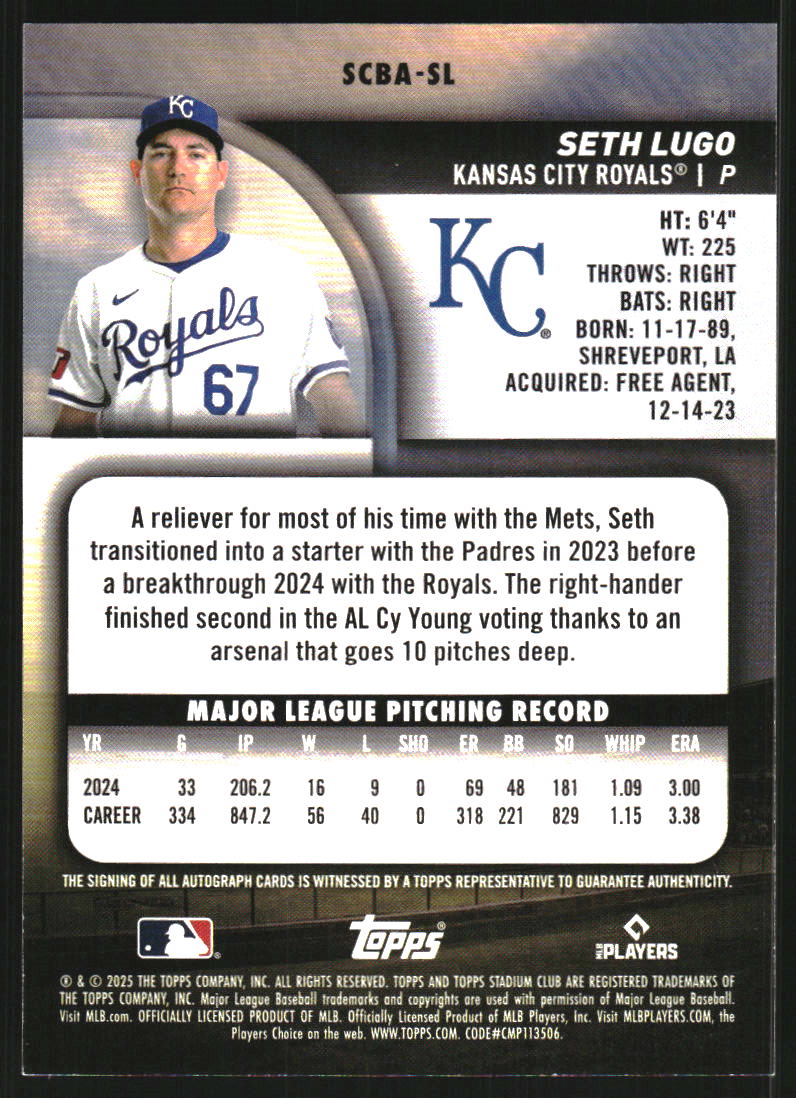 2025 Stadium Club Autographs #SCBASL Seth Lugo Auto