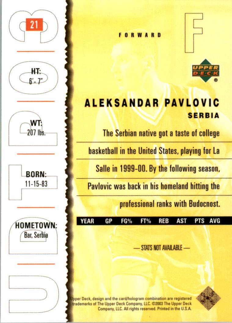 2003-04 UD Top Prospects Gold Collection #21 Aleksandar Pavlovic back image