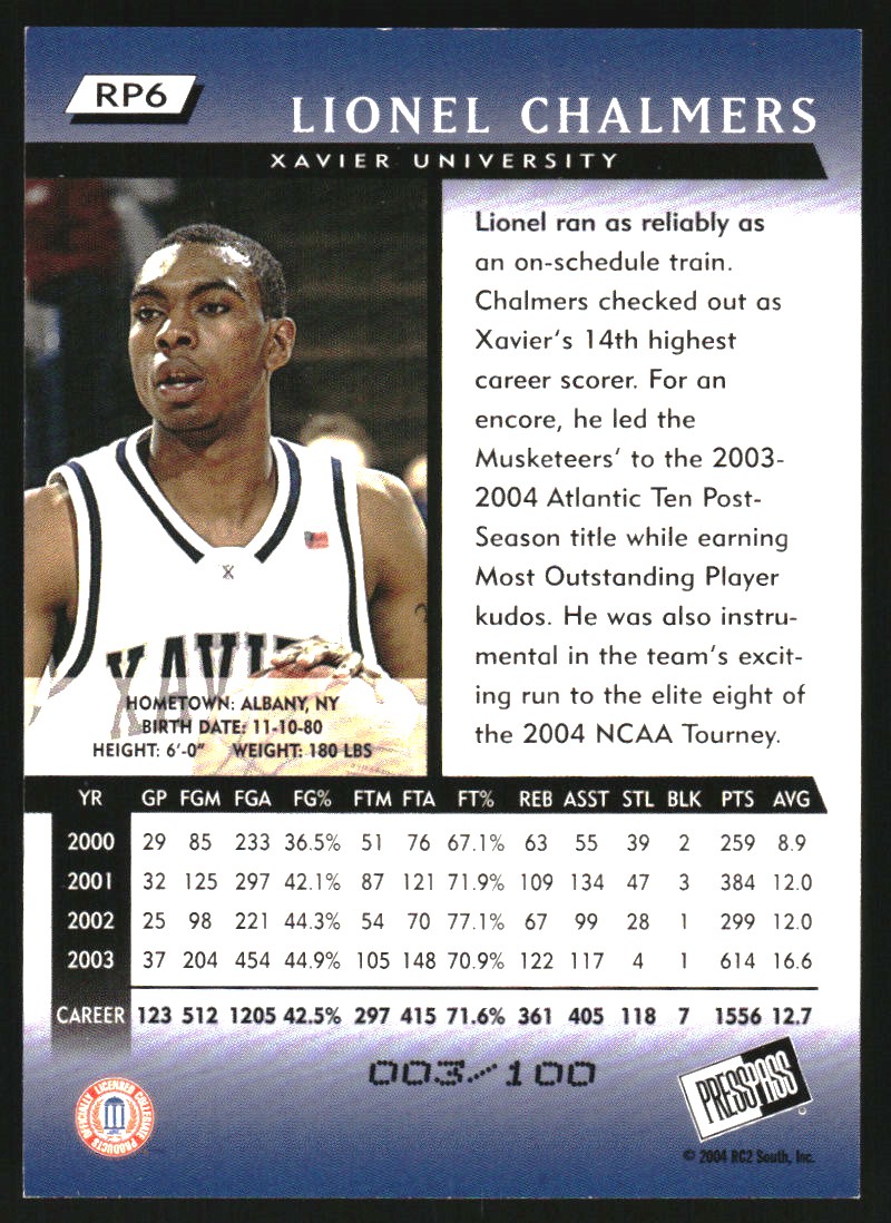 2004 Press Pass Reflectors Proofs #6 Lionel Chalmers back image