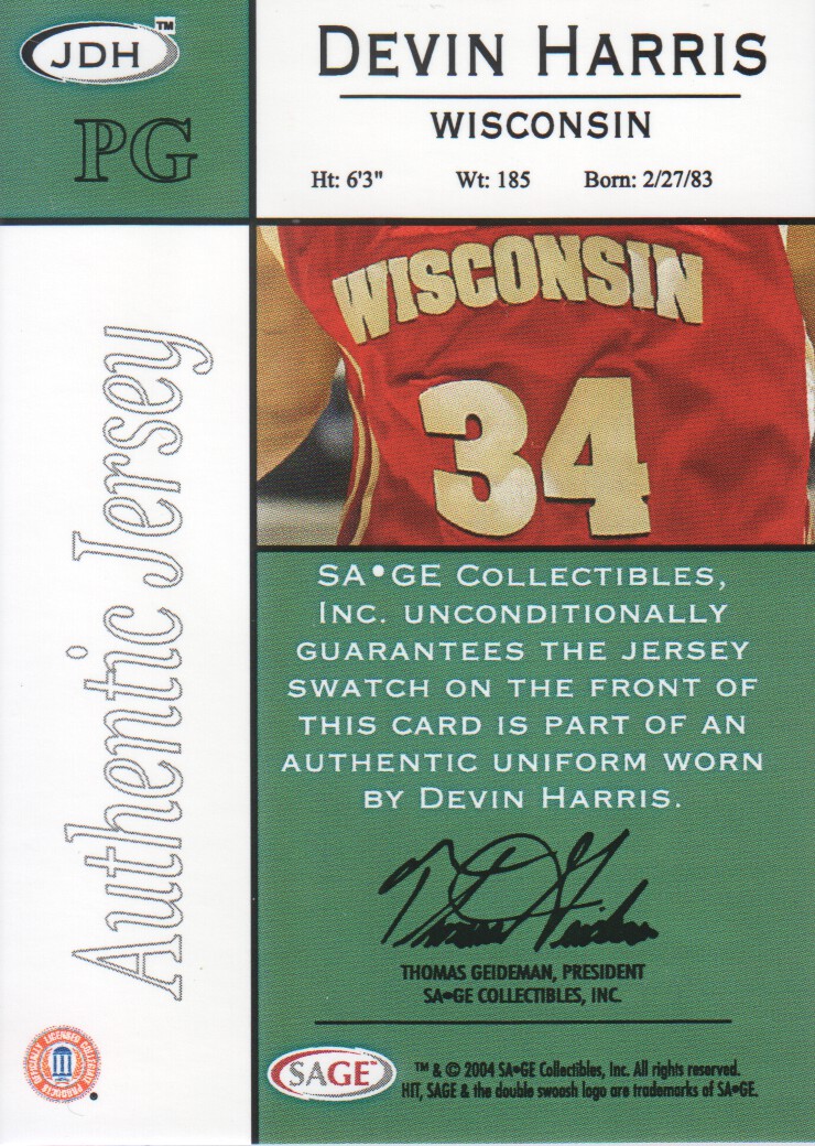 2004 SAGE HIT Jerseys #JDH Devin Harris back image