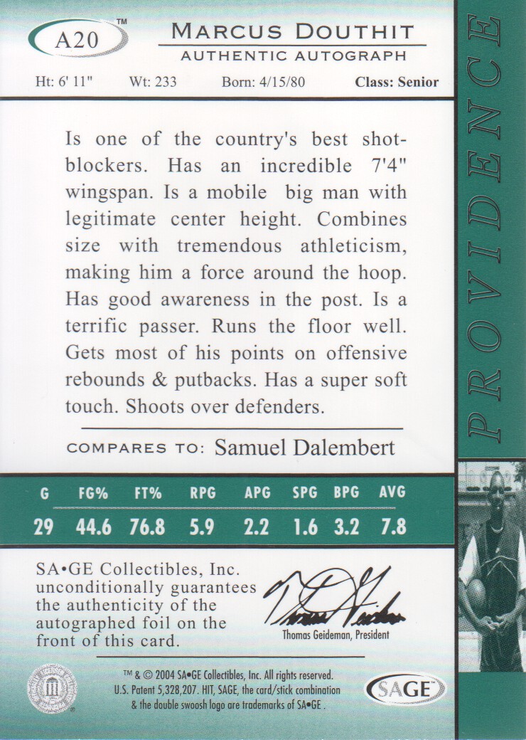 2004 SAGE HIT Autographs Gold #20 Marcus Douthit back image