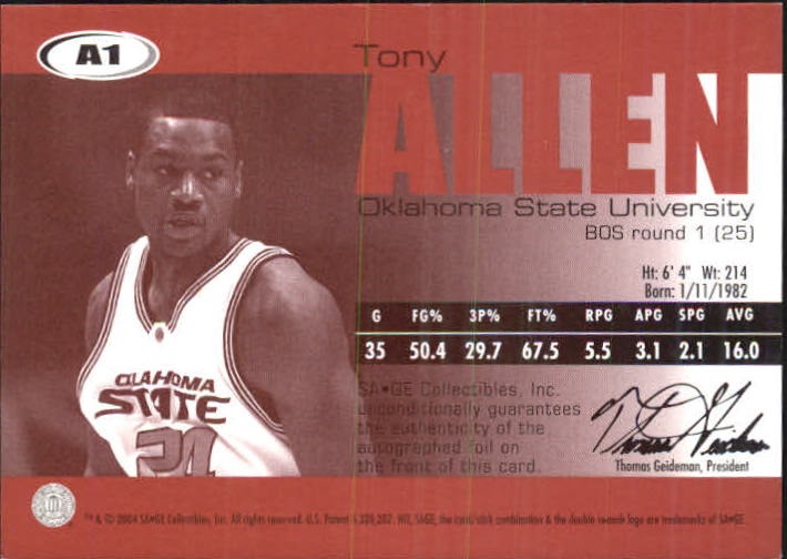 2004 SAGE Autographs Silver #A1 Tony Allen/220 back image