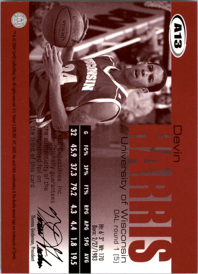 2004 SAGE Autographs Silver #A13 Devin Harris/150 back image