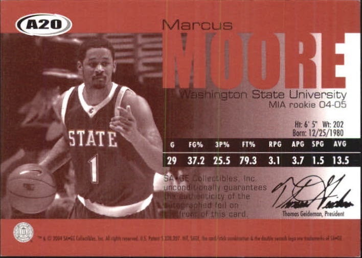 2004 SAGE Autographs Silver #A20 Marcus Moore/330 back image