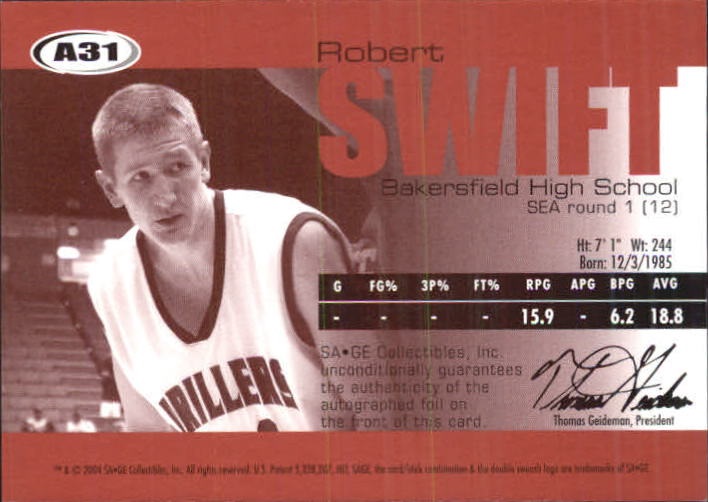 2004 SAGE Autographs Silver #A31 Robert Swift/170 back image