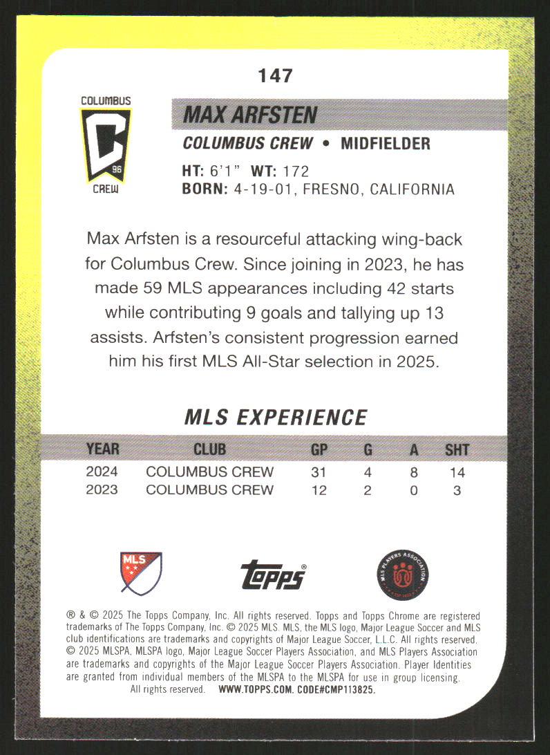 2025 Topps Chrome MLS Aqua Refractors #147 Max Arfsten /199