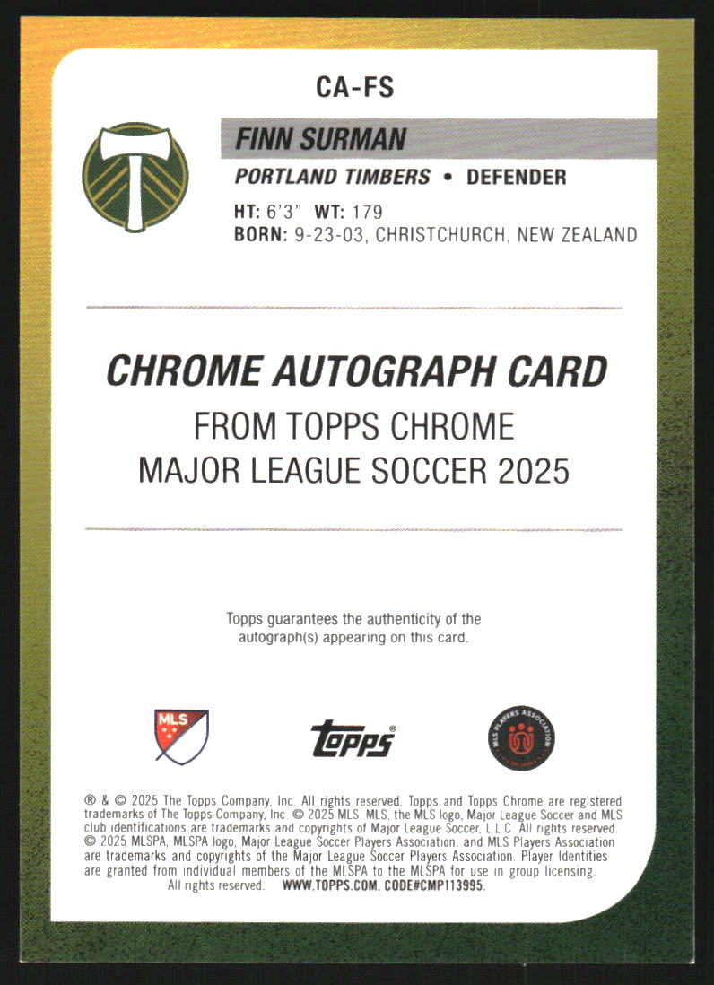 2025 Topps Chrome MLS Autographs Blue Wave Refractors #CAFS Finn Surman Auto /150