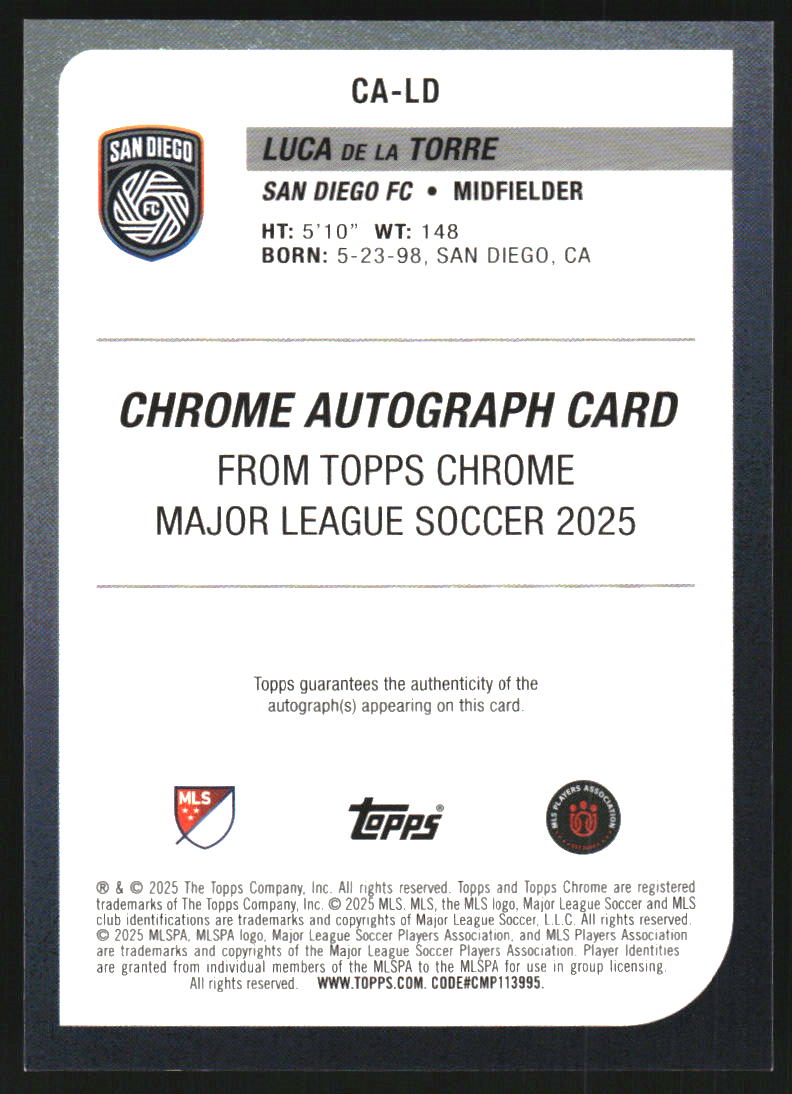 2025 Topps Chrome MLS Autographs Green Wave Refractors #CALD Luca de la Torre Auto /99
