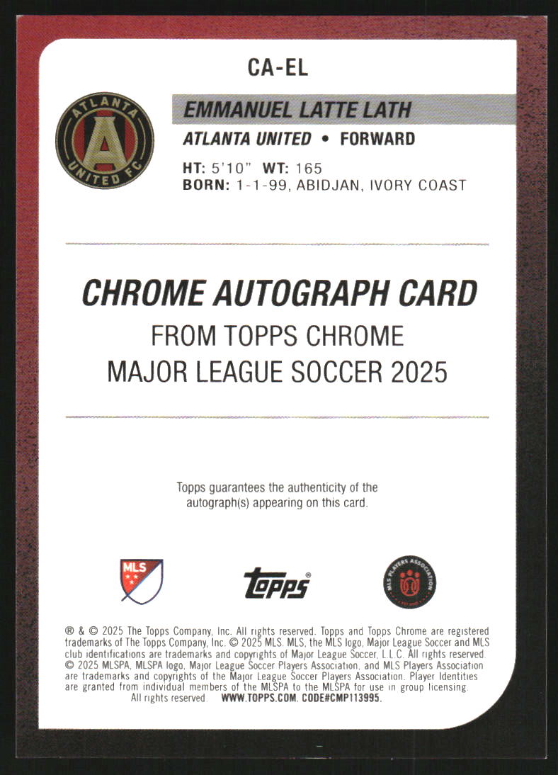 2025 Topps Chrome MLS Autographs Gold Refractors #CAEL Emmanuel Latte Lath Auto /50