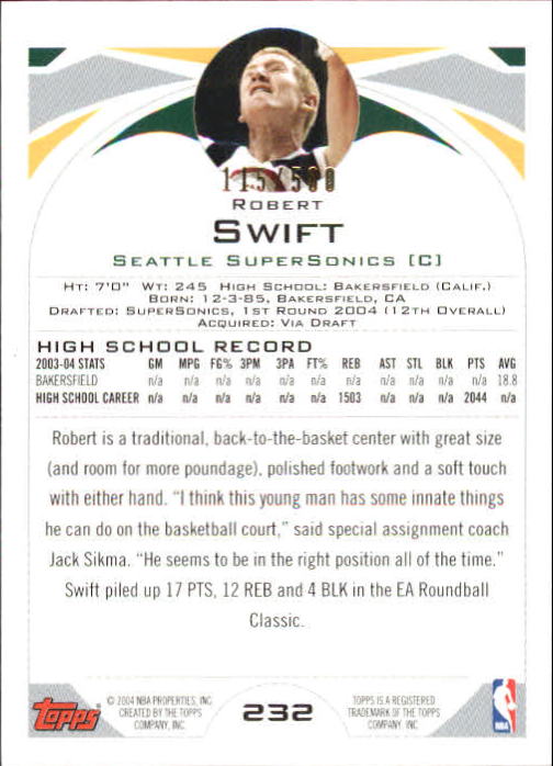 2004-05 Topps Black #232 Robert Swift back image