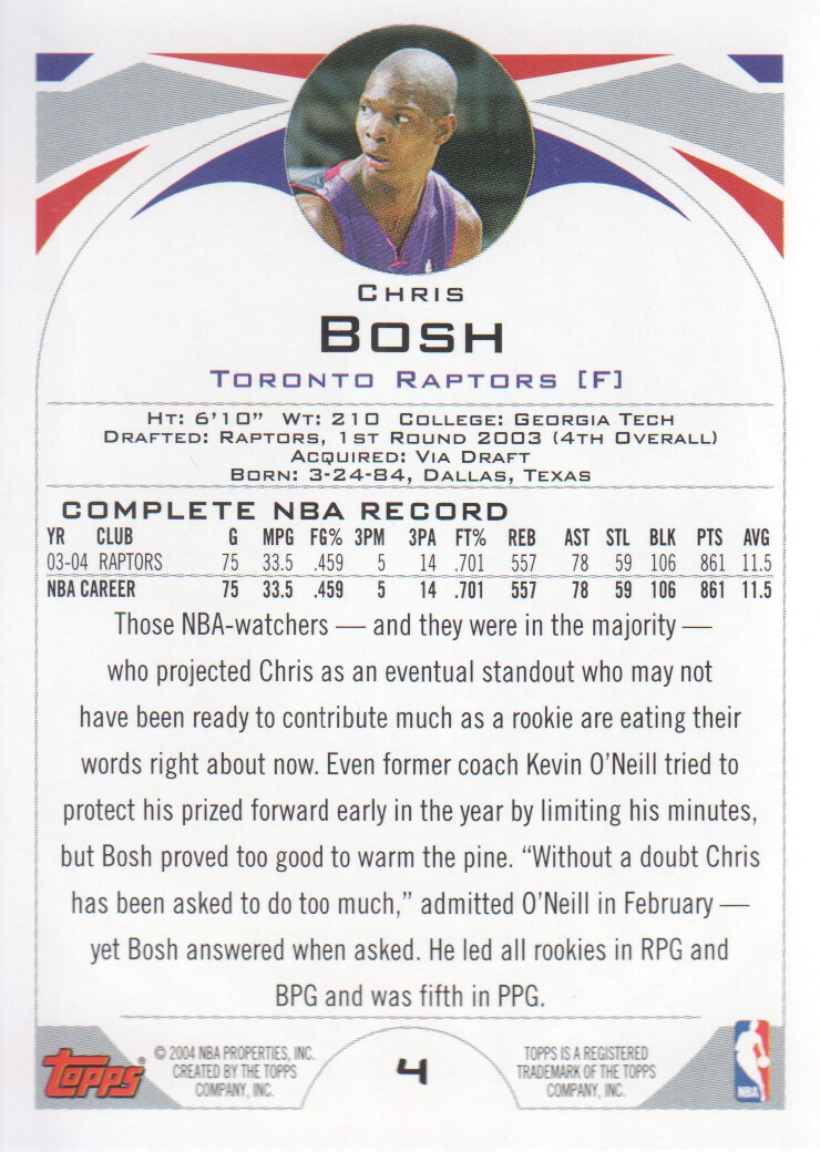 2004-05 Topps First Edition #4 Chris Bosh back image