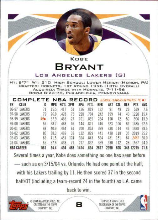 2004-05 Topps First Edition #8 Kobe Bryant back image