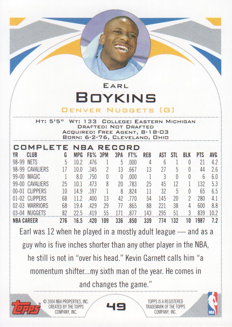 2004-05 Topps First Edition #49 Earl Boykins back image