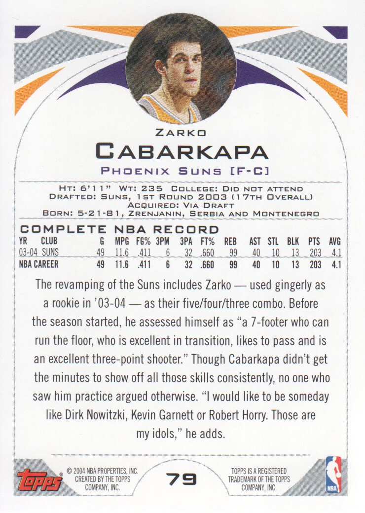 2004-05 Topps First Edition #79 Zarko Cabarkapa back image