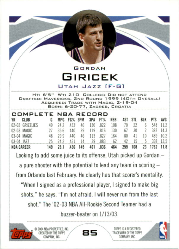 2004-05 Topps First Edition #85 Gordan Giricek back image