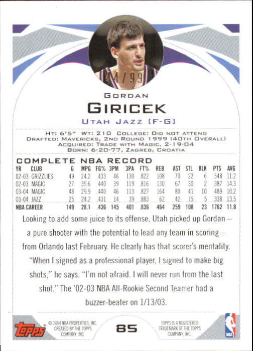 2004-05 Topps Gold #85 Gordan Giricek back image