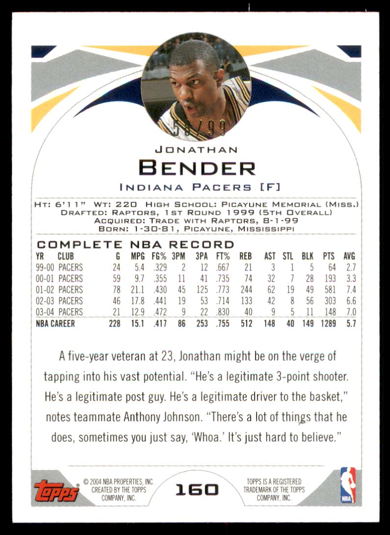 2004-05 Topps Gold #160 Jonathan Bender back image