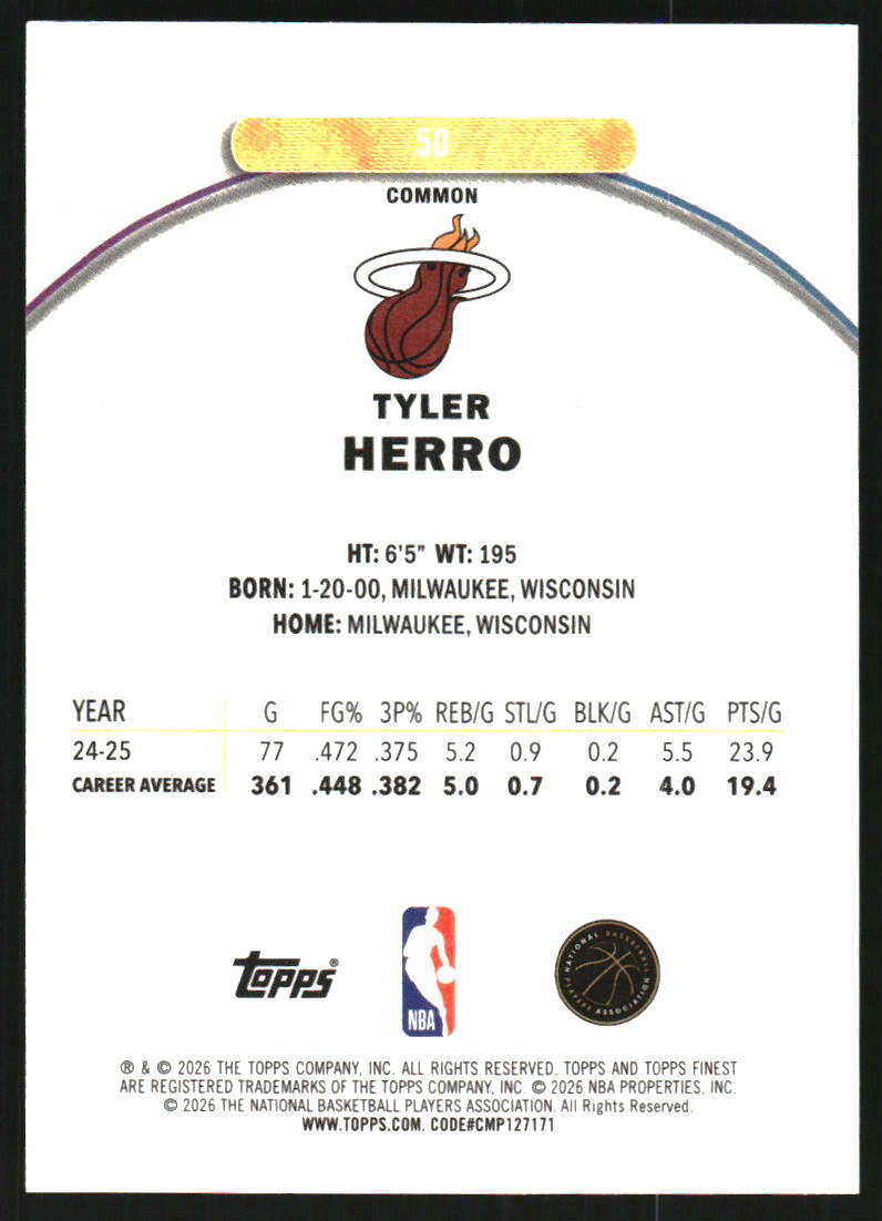 2025-26 Finest Blue Geometric Refractors #50 Tyler Herro C /75