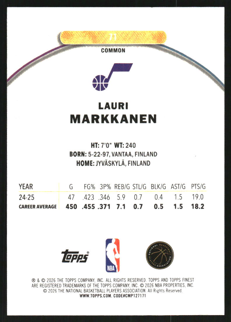 2025-26 Finest Blue Geometric Refractors #71 Lauri Markkanen C /75