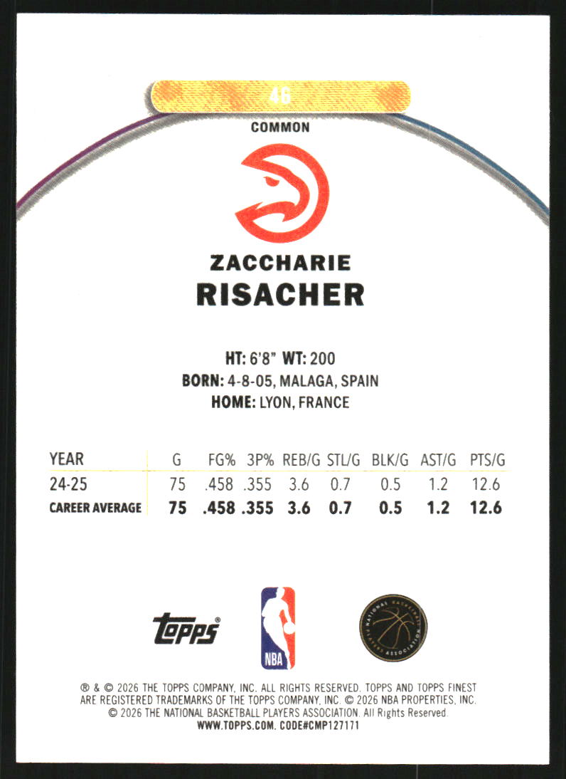 2025-26 Finest Blue X-Fractors #46 Zaccharie Risacher C /125