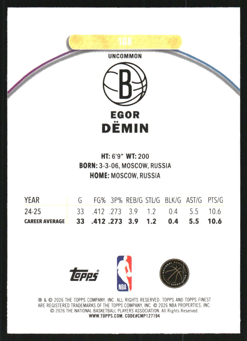 2025-26 Finest Blue X-Fractors #108 Egor Demin U /75