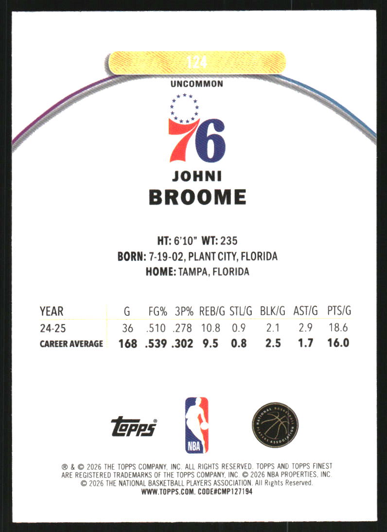 2025-26 Finest Blue X-Fractors #124 Johni Broome U /75