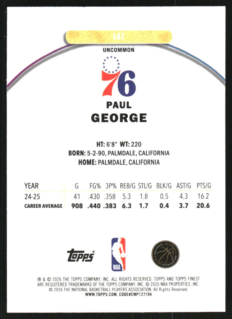 2025-26 Finest Blue X-Fractors #141 Paul George U /75
