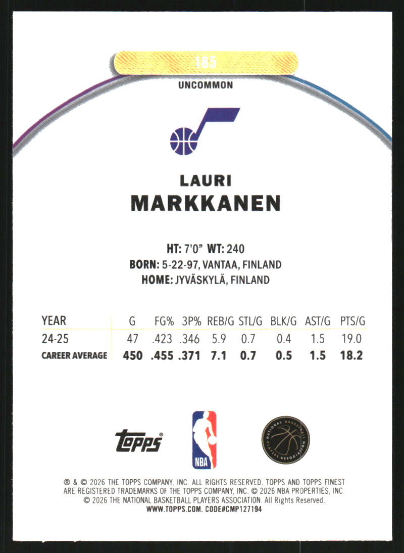 2025-26 Finest Blue X-Fractors #185 Lauri Markkanen U /75