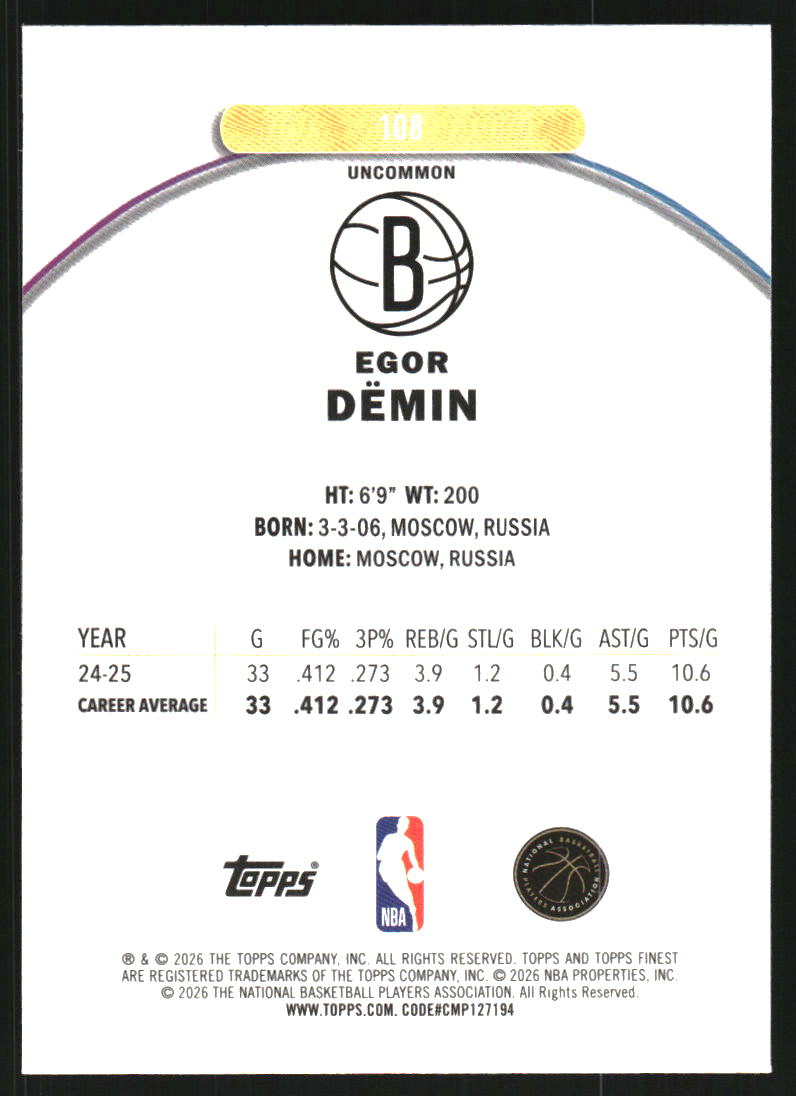 2025-26 Finest Geometric Refractors #108 Egor Demin U