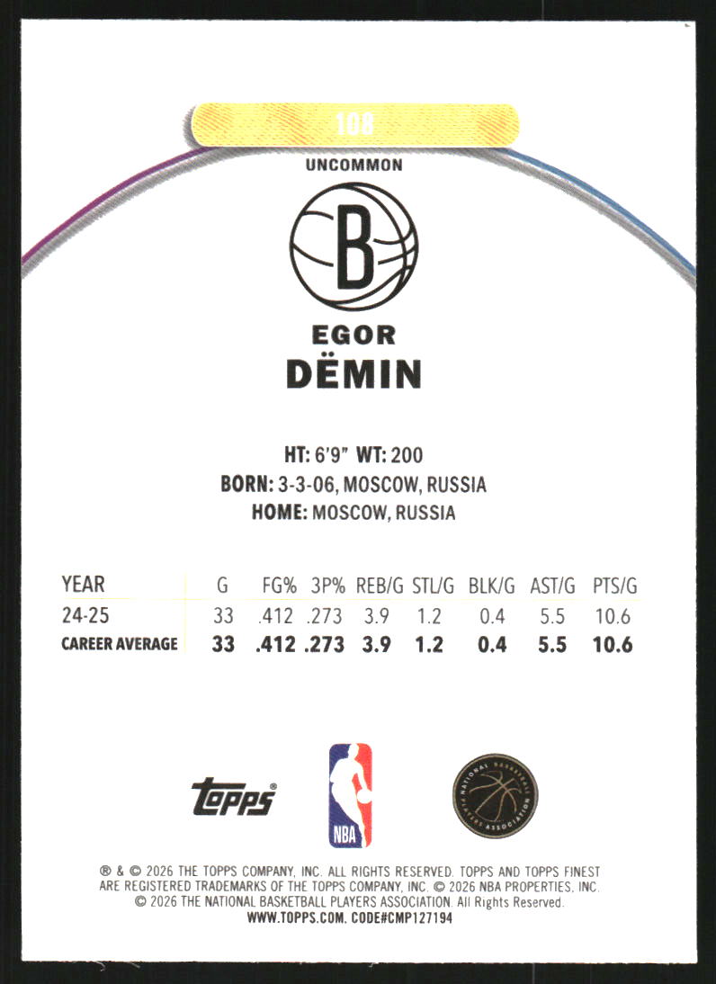2025-26 Finest Purple Geometric Refractors #108 Egor Demin U /75
