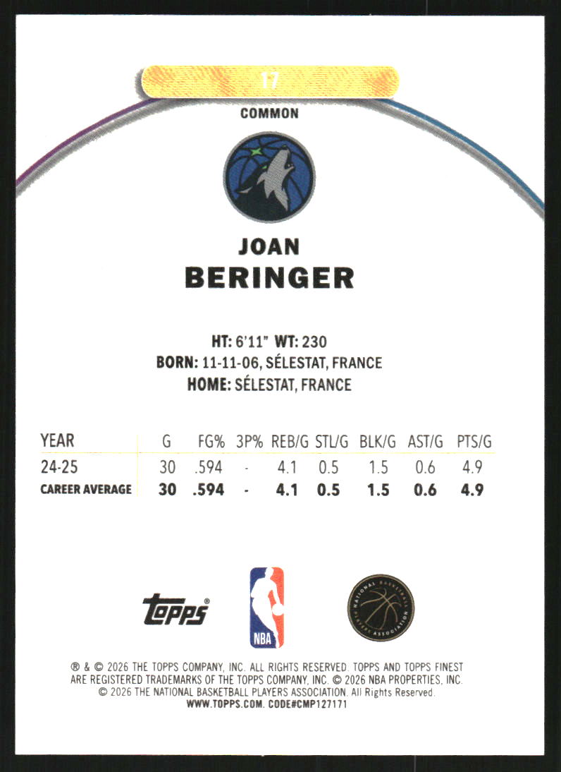 2025-26 Finest Purple Refractors #17 Joan Beringer C /250