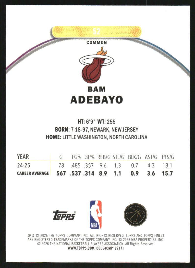 2025-26 Finest Purple Refractors #52 Bam Adebayo C /250