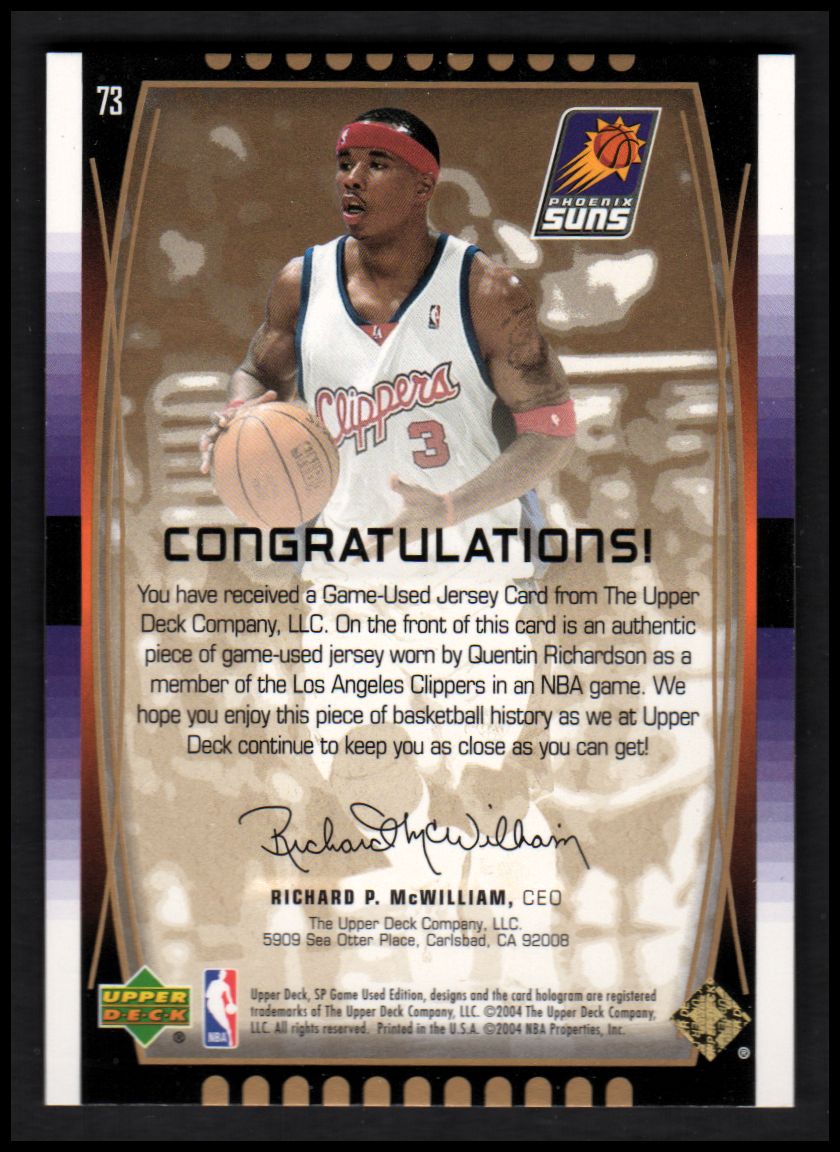 2004-05 SP Game Used Parallel #73 Quentin Richardson JSY back image