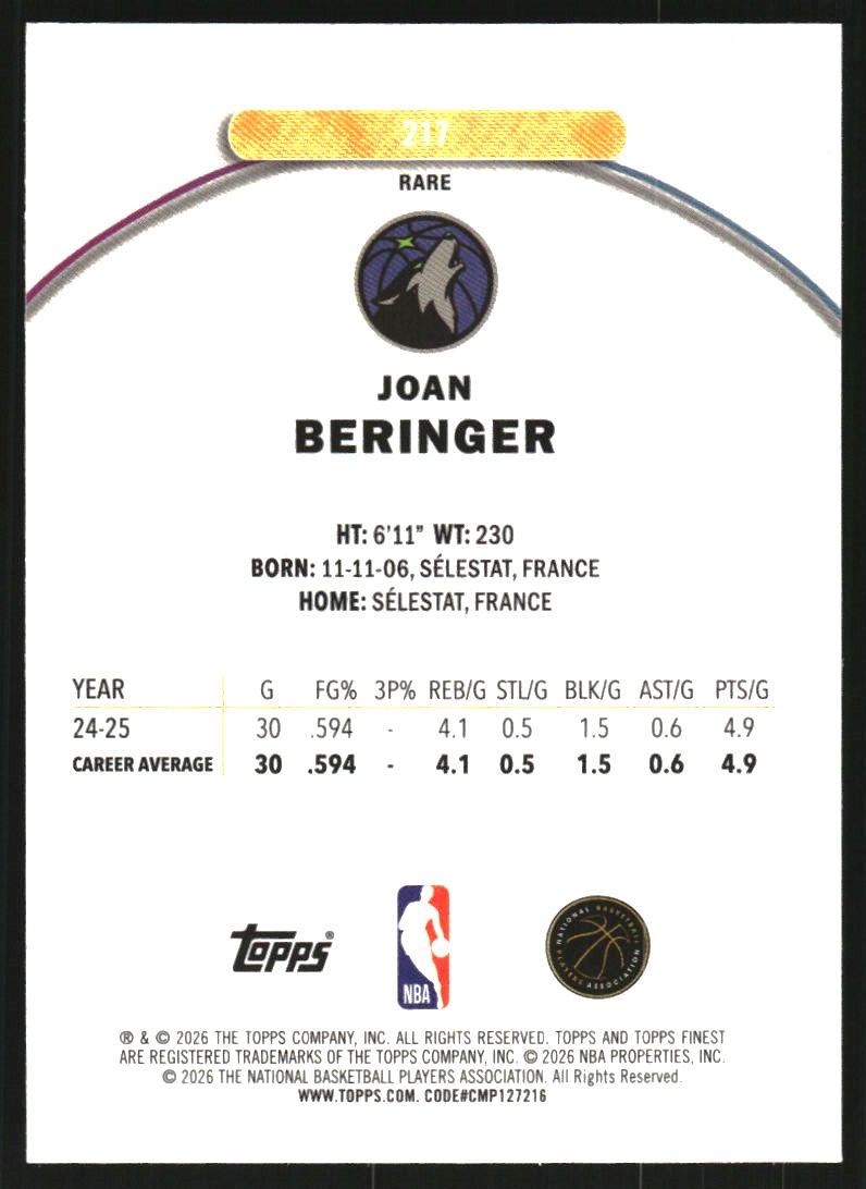 2025-26 Finest Purple X-Fractors #217 Joan Beringer R /75