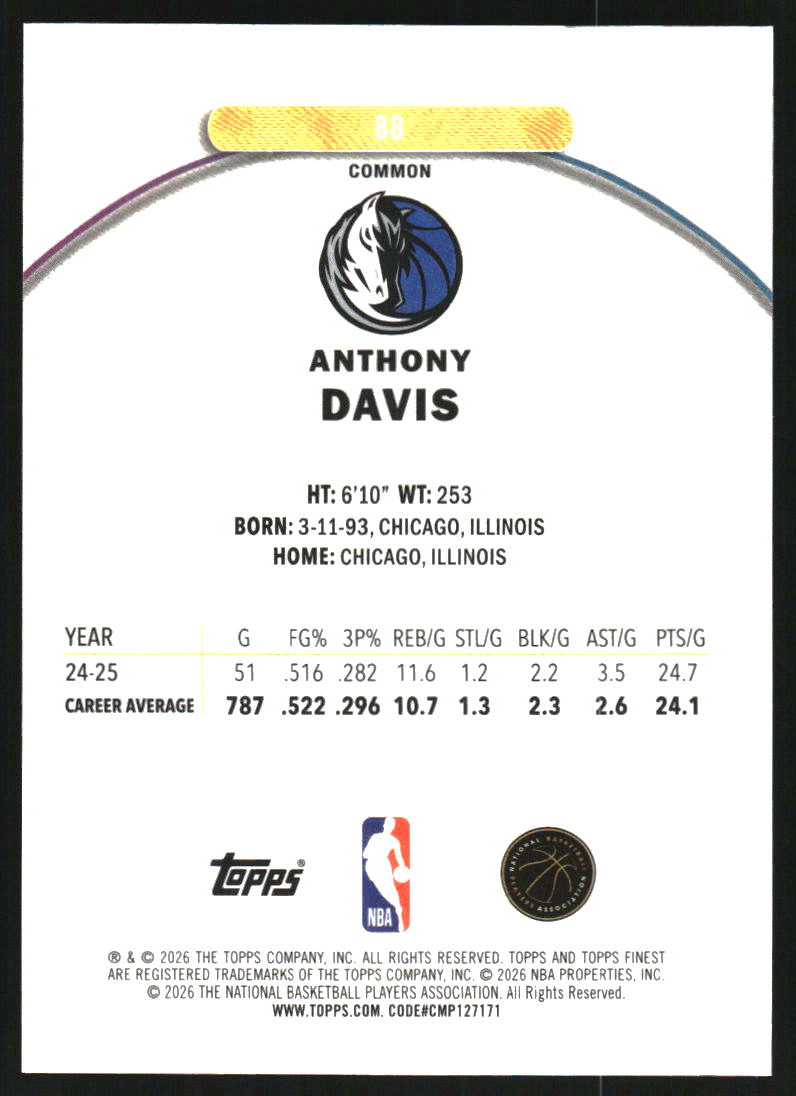 2025-26 Finest Sky Blue Refractors #88 Anthony Davis C /350
