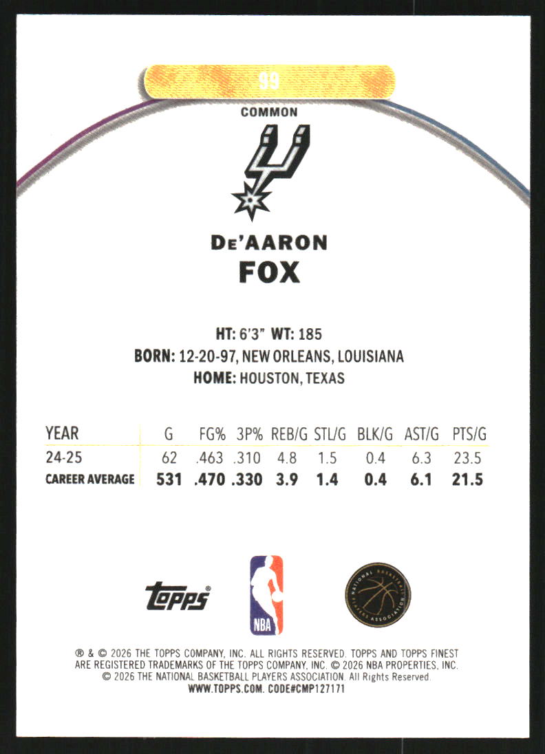 2025-26 Finest Sky Blue Refractors #99 De'Aaron Fox C /350