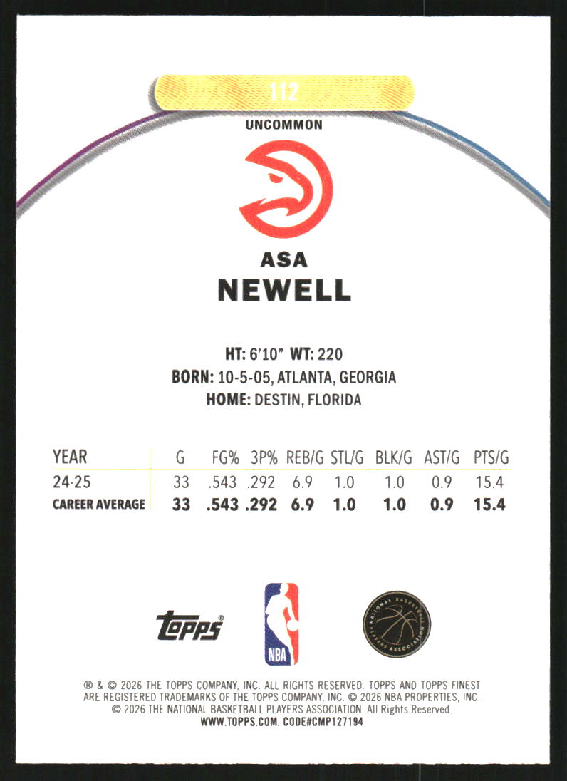 2025-26 Finest Sky Blue Refractors #112 Asa Newell U /250