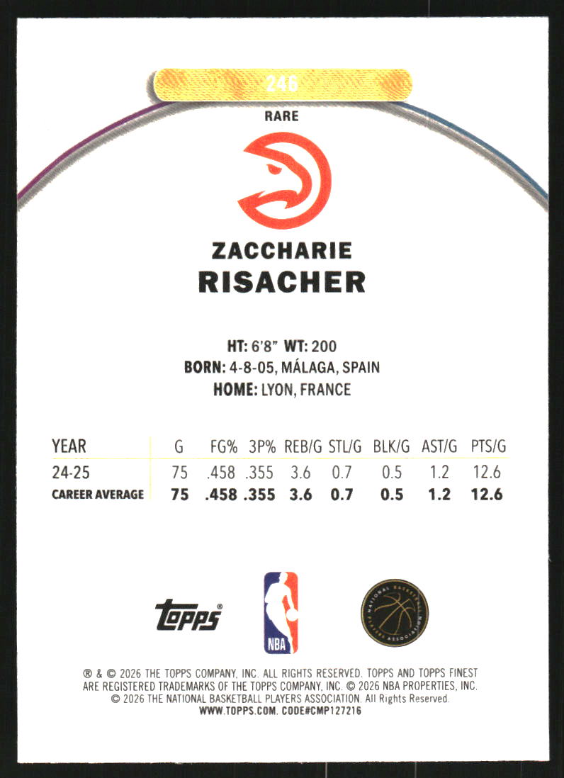 2025-26 Finest Sky Blue Refractors #246 Zaccharie Risacher R /150